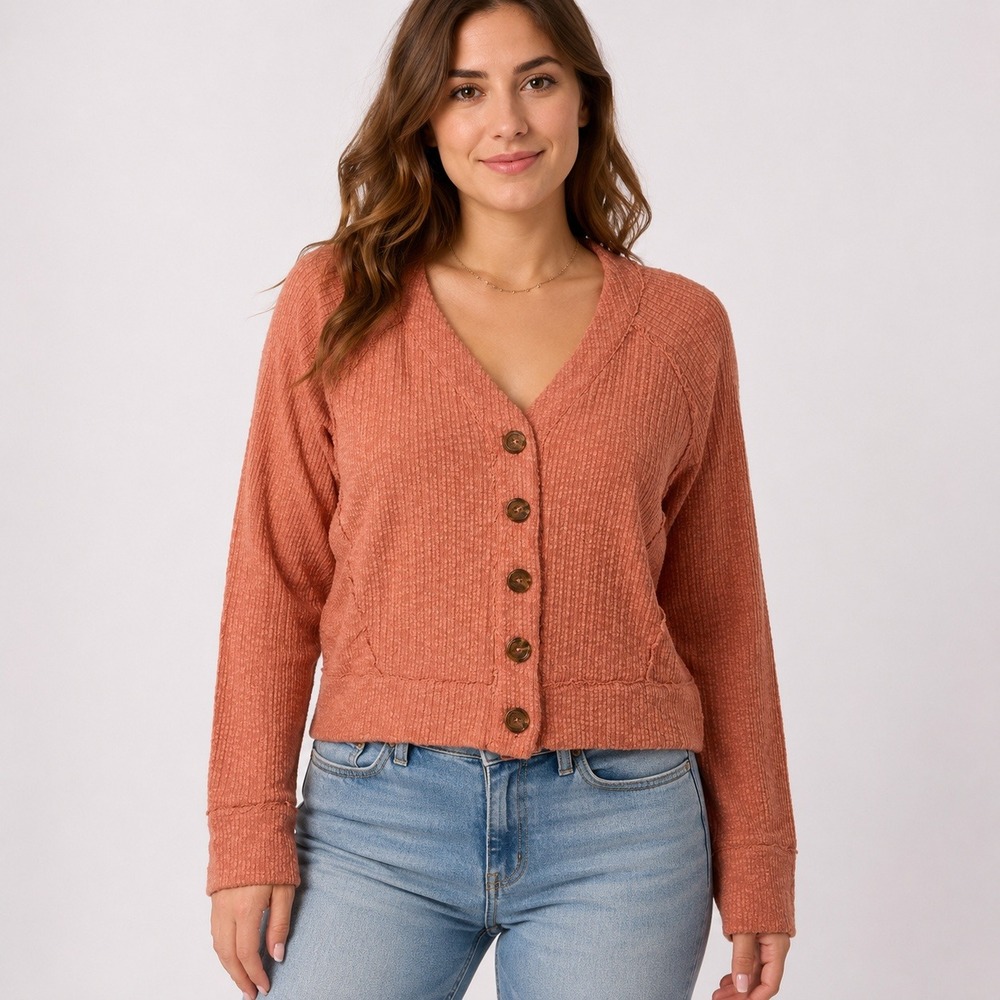 Vince Camuto Waffle Knit Cardigan‎ Womens M Dusty Rose Button Front Cozy